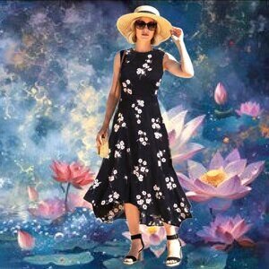 EDIT Sleeveless Uneven Hemline Flowy Dark Blue Floral Midi Dress Size S